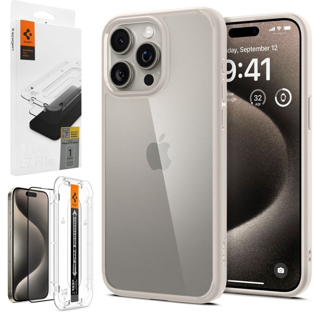 Etui SPIGEN Ultra Hybrid | Natural Titanium + SZKŁO Spigen EZ Fit do Apple iPhone 15 Pro Max