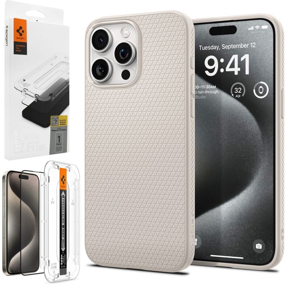 Etui SPIGEN Liquid Air | Natural Titanium + SZKŁO Spigen EZ Fit do Apple iPhone 15 Pro Max