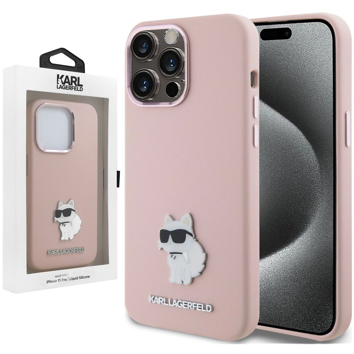 Etui Karl Lagerfeld Silicone | Choupette Metal Pin | Pink do Apple iPhone 15 Pro |