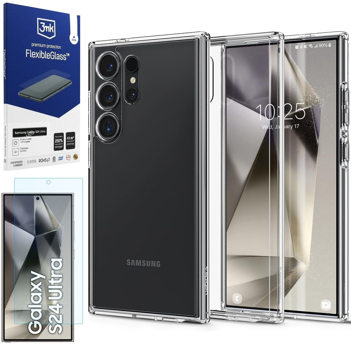 Etui SPIGEN Ultra Hybrid | Crystal Clear + SZKŁO 3mk FG do Samsung Galaxy S24 Ultra