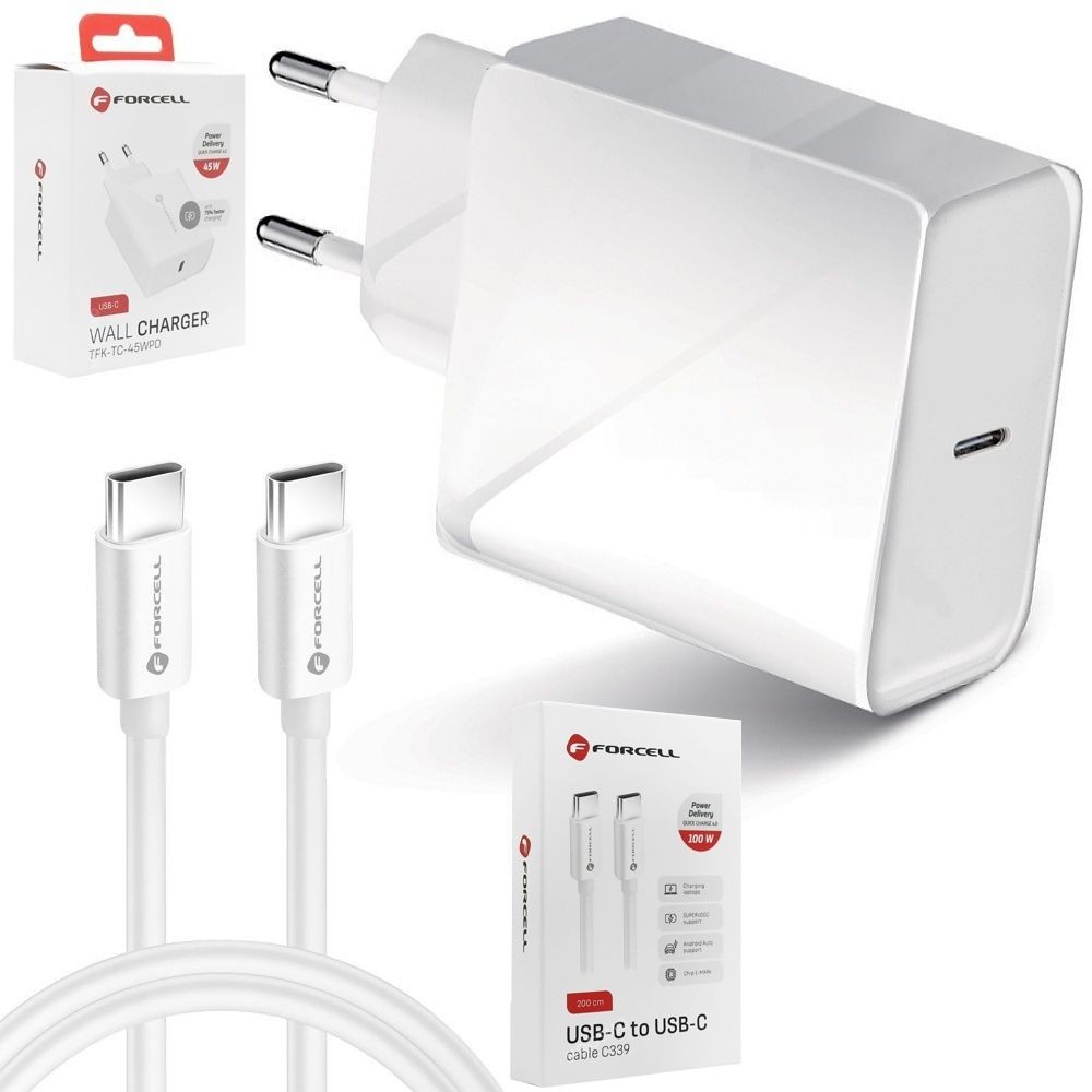 Forcell | Szybka Ładowarka Sieciowa USB-C PD QC 4.0 | 45W + Kabel USB-C 100W | 200cm do Samsung Galaxy S24 Ultra