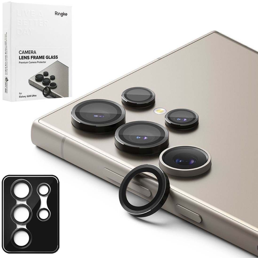 RINGKE Camera Lens Frame | Osobne Szkła Hartowane na Aparat | Black do Samsung Galaxy S24 Ultra