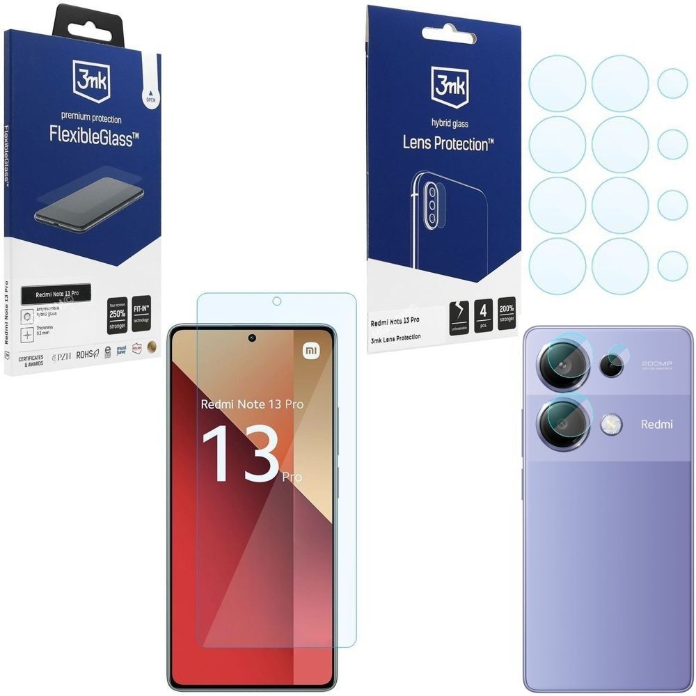 SZKŁO 3mk Flexible Glass + 4x APARAT Lens Protection do Xiaomi Redmi Note 13 Pro 4G