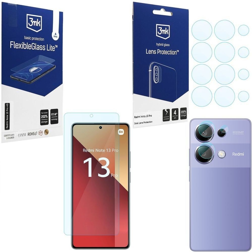 SZKŁO 3mk Flexible Glass Lite + 4x APARAT Lens Protection do Xiaomi Redmi Note 13 Pro 4G