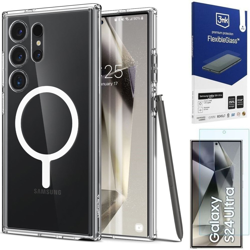 Etui SPIGEN Ultra Hybrid + MagSafe | Clear White + SZKŁO 3mk FG do Samsung Galaxy S24 Ultra