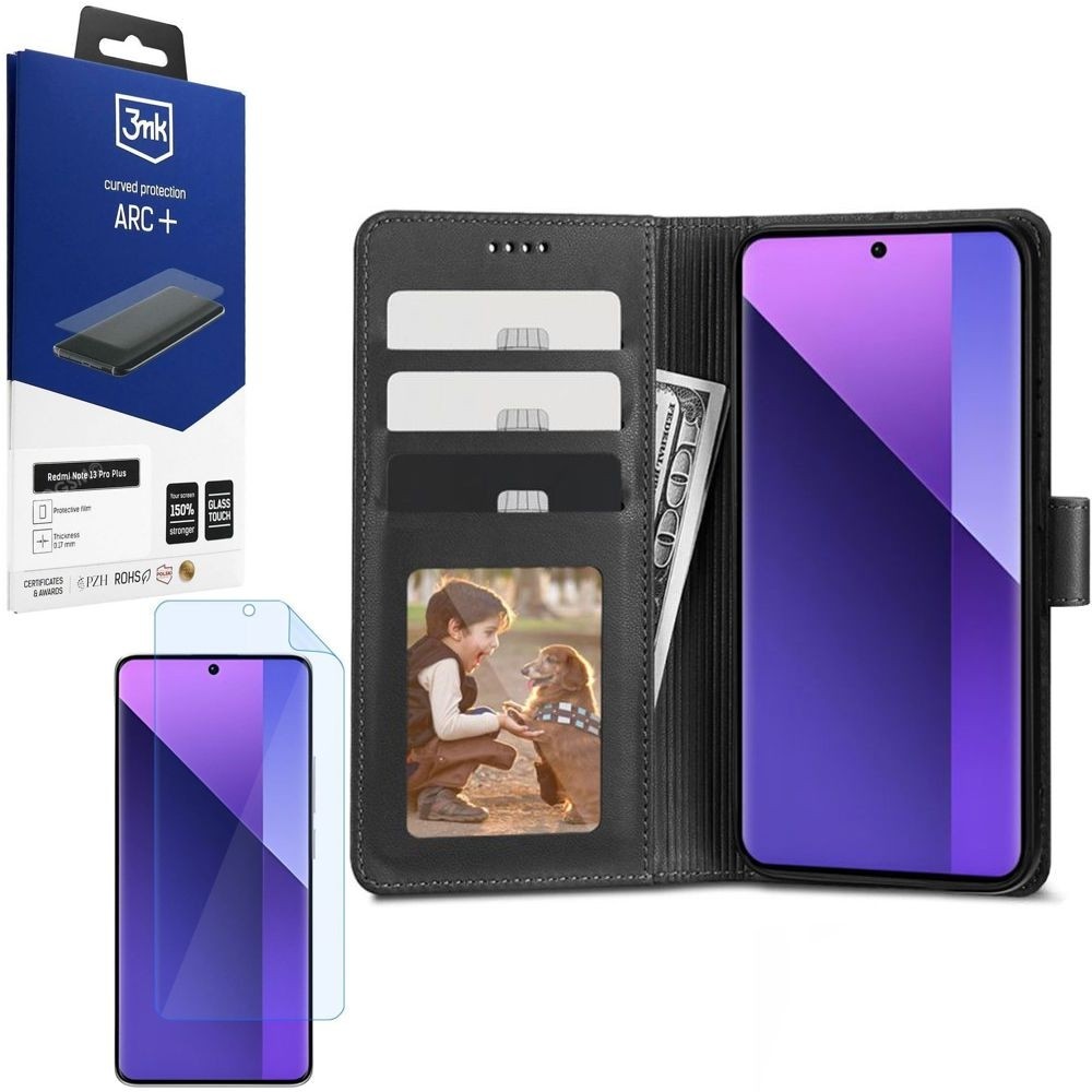 Etui z Klapką Wallet Case | Czarne + FOLIA 3mk ARC+ do Xiaomi Redmi Note 13 Pro+ Plus 5G