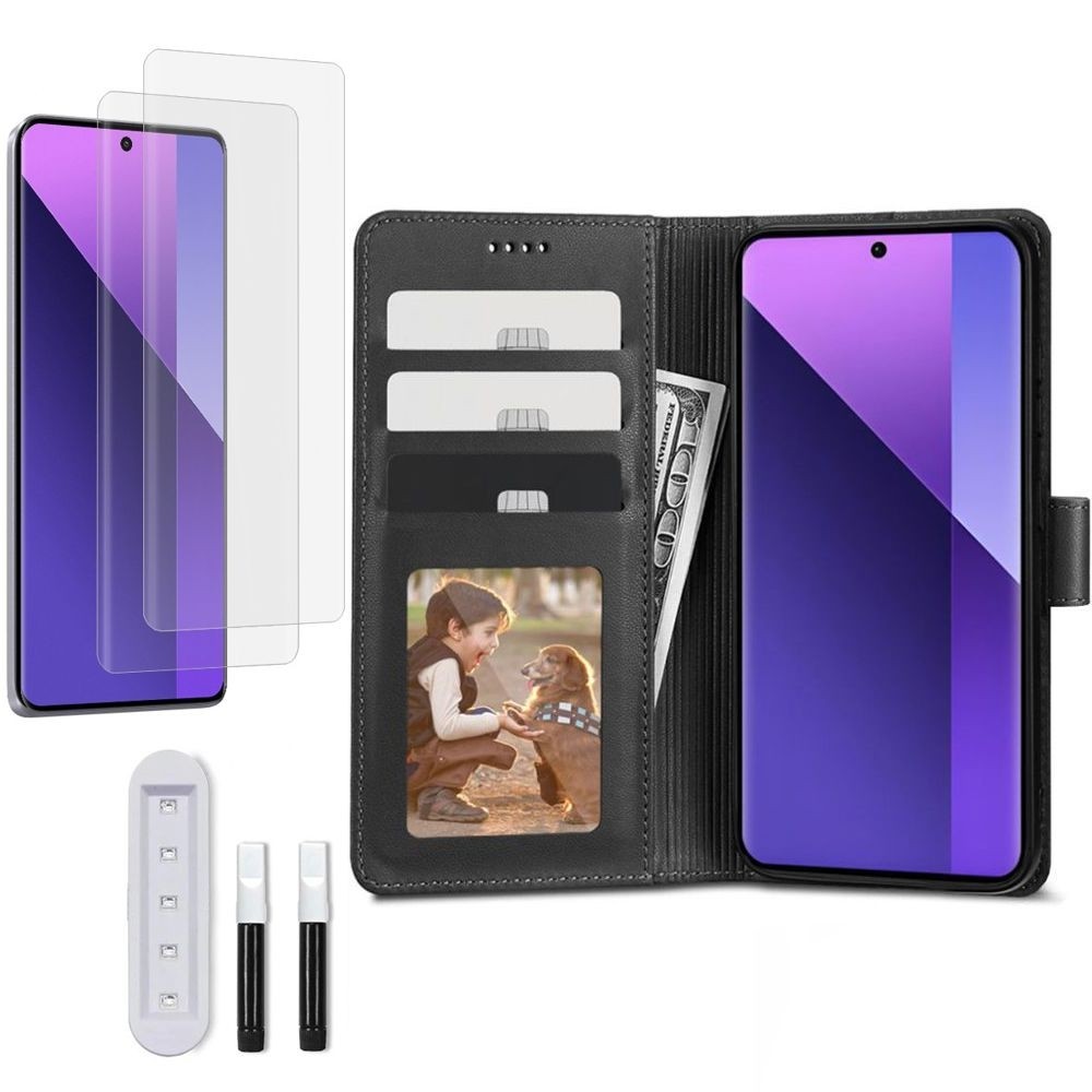 Etui z Klapką Wallet Case | Czarne + 2x SZKŁO UV do Xiaomi Redmi Note 13 Pro+ Plus 5G