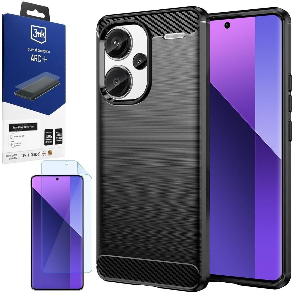 Etui CARBON Soft Case | Coal Black + FOLIA 3mk ARC+ do Xiaomi Redmi Note 13 Pro+ Plus 5G