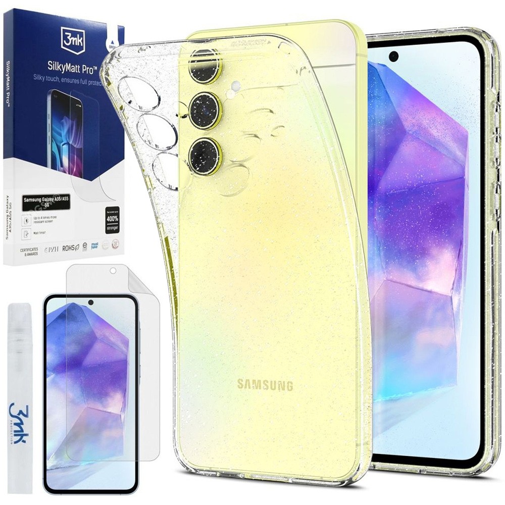 Etui SPIGEN Liquid Crystal Glitter | Crystal Quartz + FOLIA 3mk SilkyMatt do Samsung Galaxy A55 5G