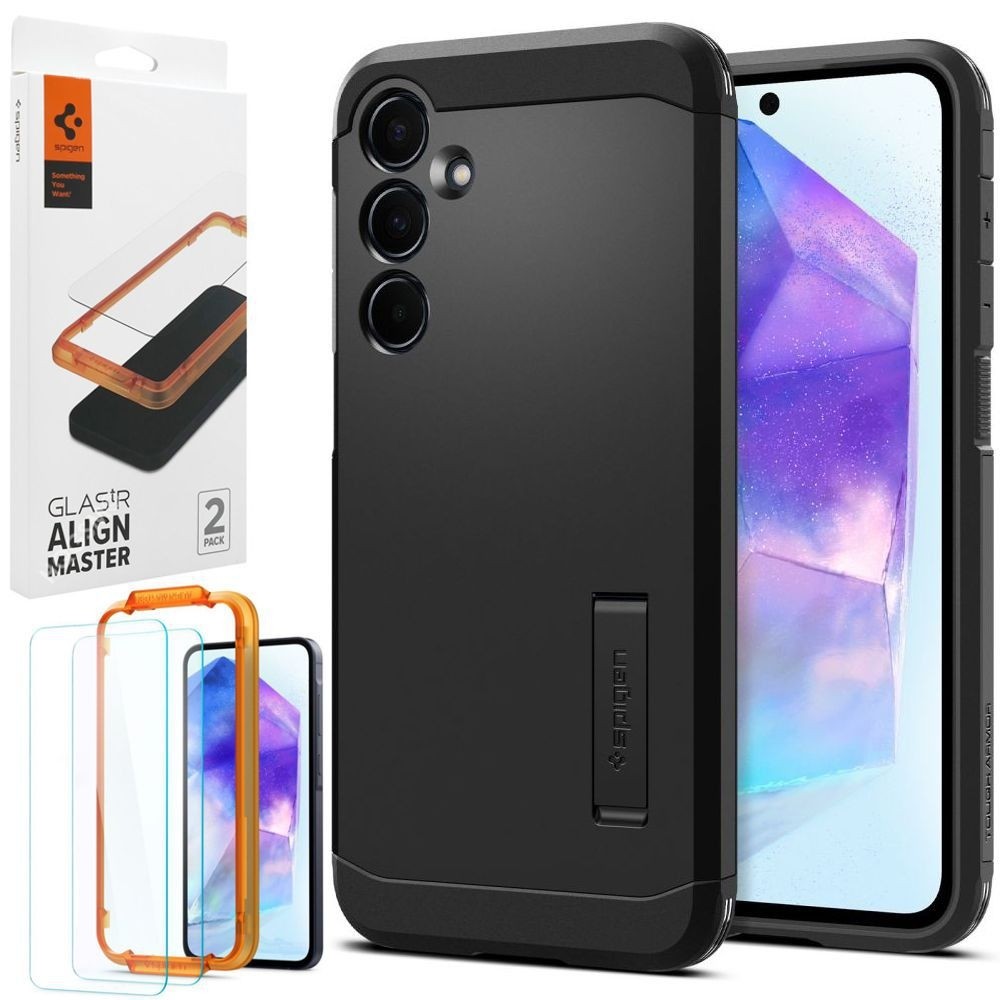 Pancerne Etui SPIGEN Tough Armor | Black + 2x SZKŁO Spigen do Samsung Galaxy A55 5G