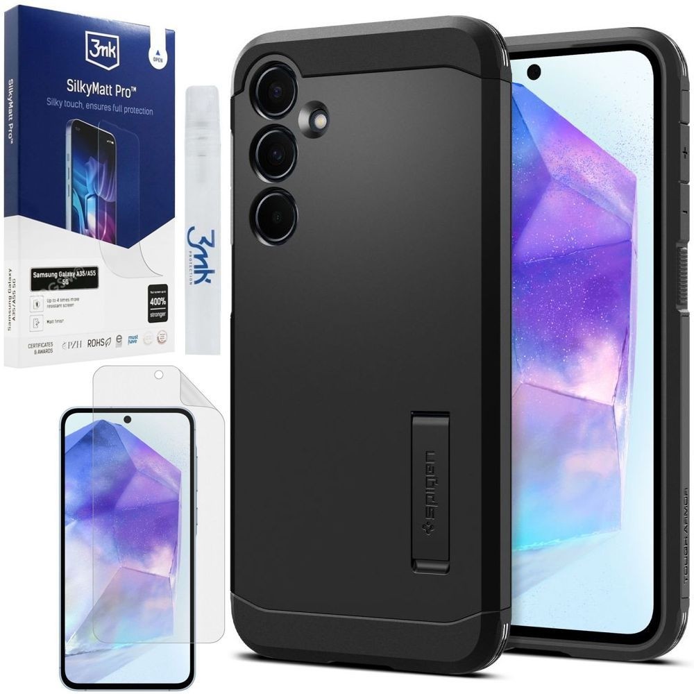 Pancerne Etui SPIGEN Tough Armor | Black + FOLIA 3mk SilkyMatt do Samsung Galaxy A55 5G