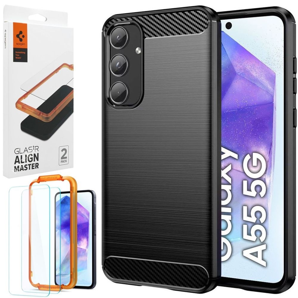 Etui CARBON Soft Case | Coal Black + 2x SZKŁO Spigen do Samsung Galaxy A55 5G