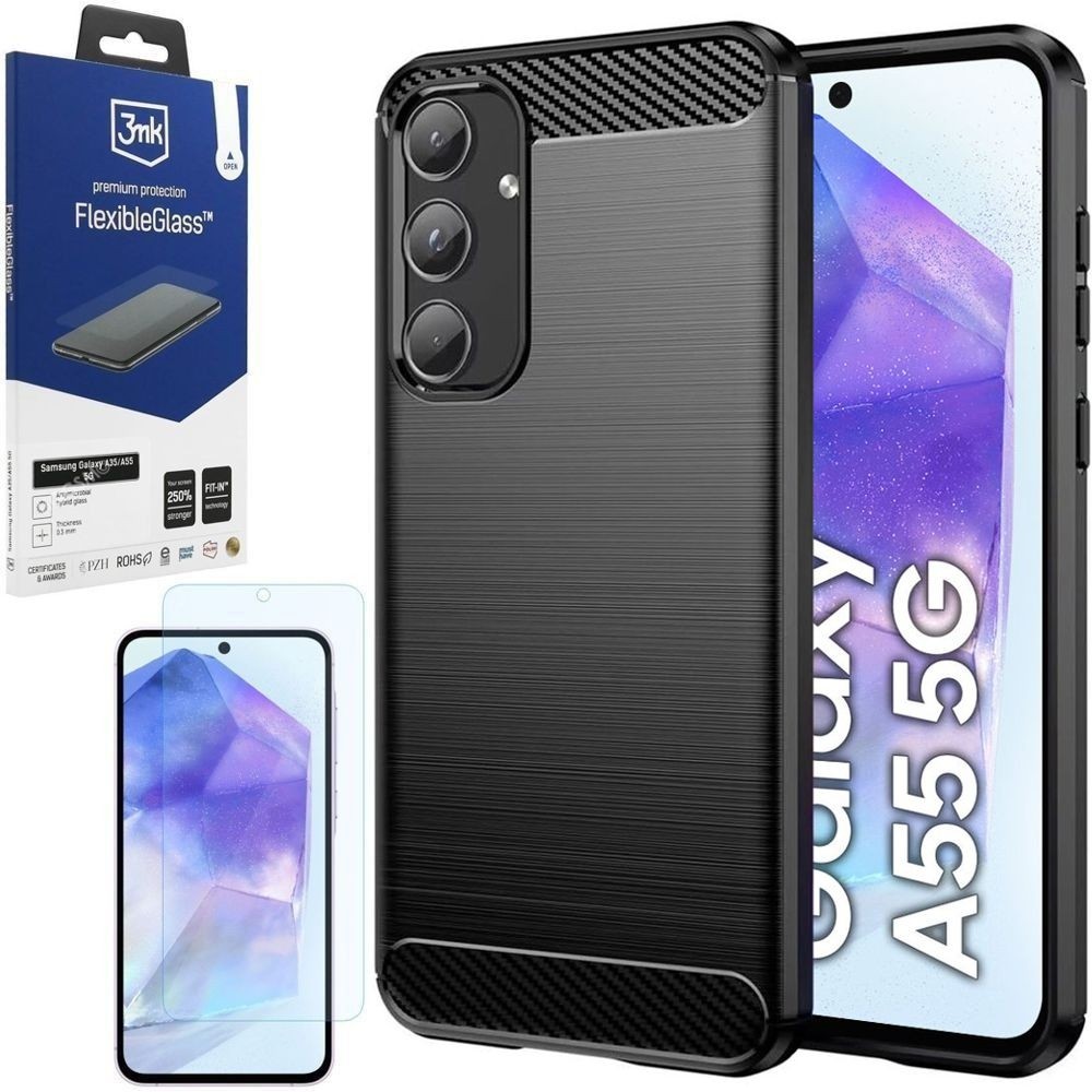 Etui CARBON Soft Case | Coal Black + SZKŁO 3mk FG do Samsung Galaxy A55 5G