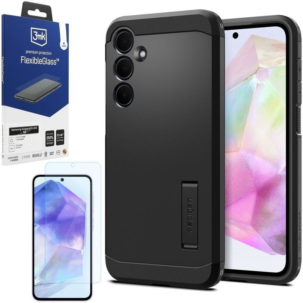 Pancerne Etui SPIGEN Tough Armor | Black + SZKŁO 3mk do Samsung Galaxy A35 5G