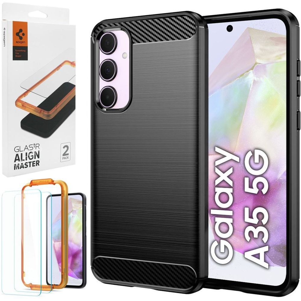 Etui CARBON Soft Case | Coal Black + 2x SZKŁO Spigen do Samsung Galaxy A35 5G