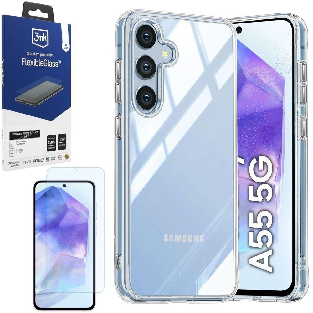 Pancerne Etui 3mk Armor Case | Clear + SZKŁO 3mk FG do Samsung Galaxy A55 5G