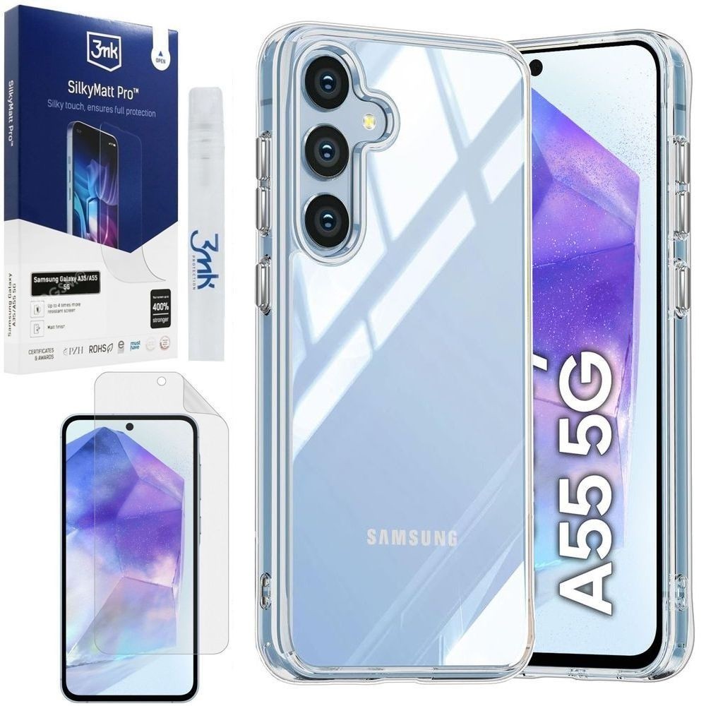 Pancerne Etui 3mk Armor Case | Clear + FOLIA 3mk SilkyMatt do Samsung Galaxy A55 5G