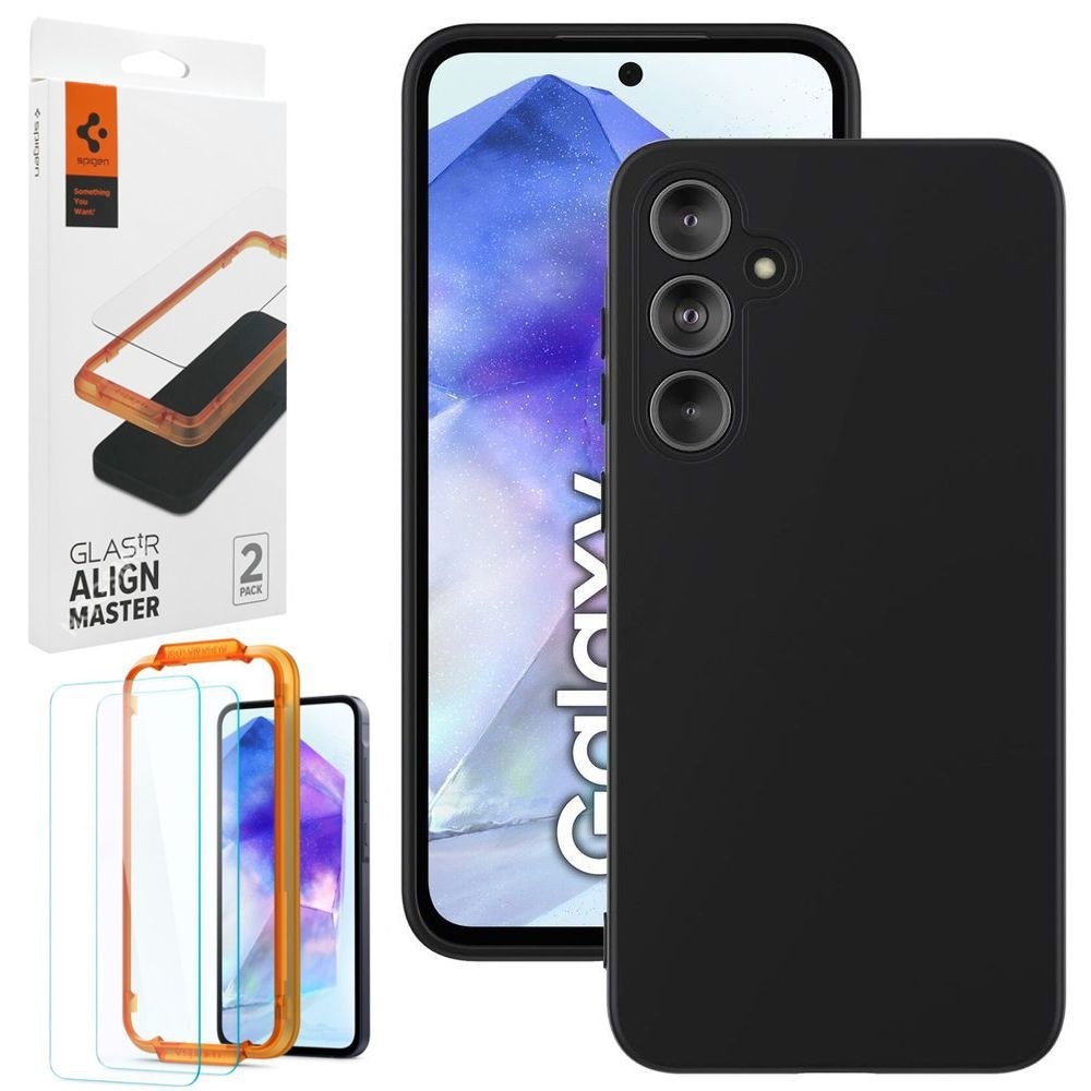 Cienkie Etui 3mk Matt Case | Black + 2x SZKŁO Spigen do Samsung Galaxy A55 5G