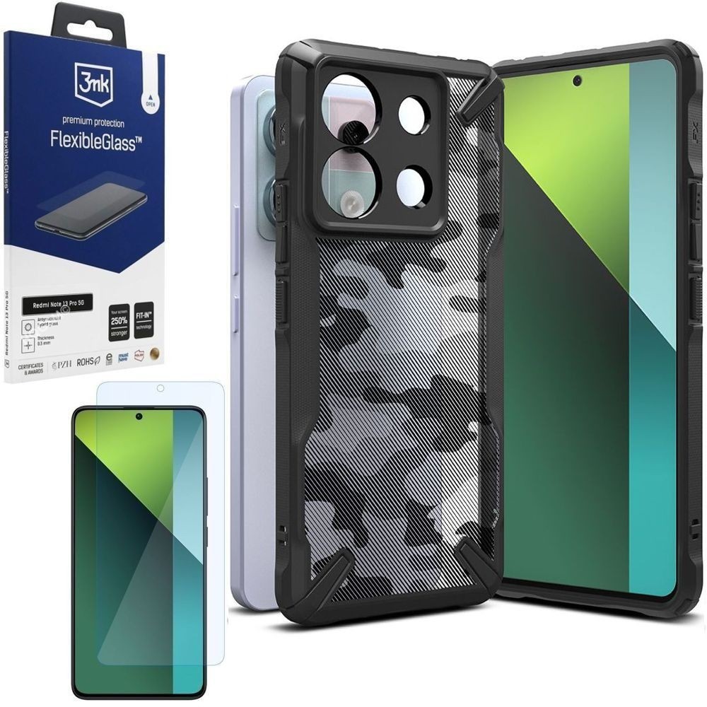 Etui RINGKE Fusion X | Camo Black + SZKŁO 3mk do Xiaomi Redmi Note 13 Pro 5G