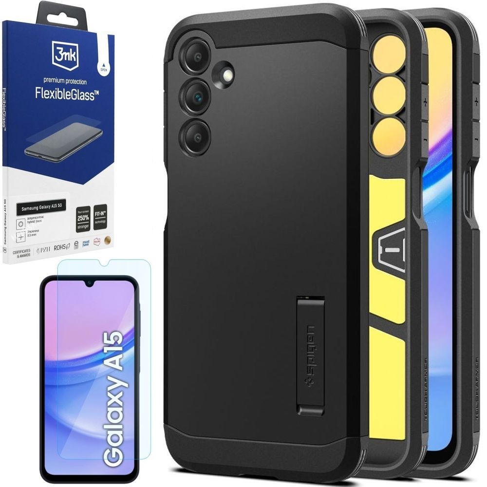 Pancerne Etui SPIGEN Tough Armor | Black + SZKŁO 3mk FG do Samsung Galaxy A15 / 5G