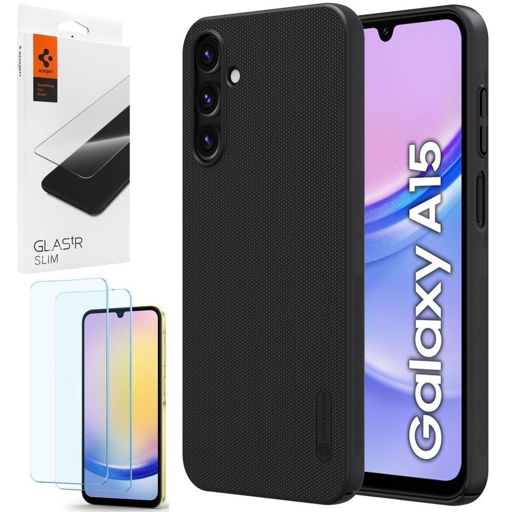 Etui NILLKIN Frosted Shield | Czarne + 2x SZKŁO Spigen do Samsung Galaxy A15 / 5G