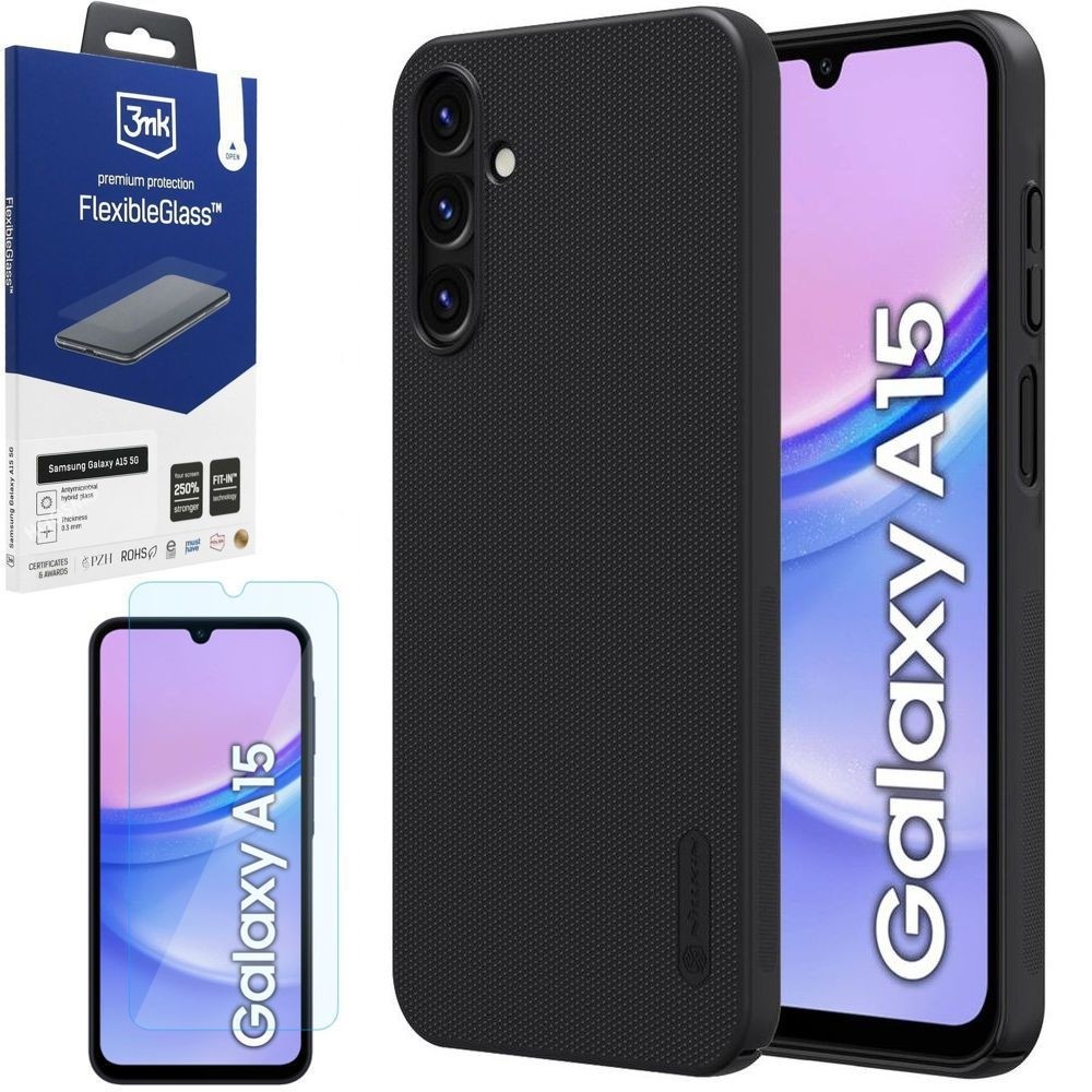 Etui NILLKIN Frosted Shield | Czarne + SZKŁO 3mk FG do Samsung Galaxy A15 / 5G