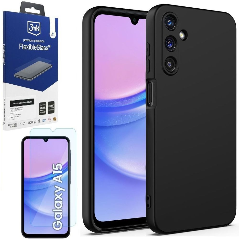 Cienkie Etui Matt Silicone Case | Czarne + SZKŁO 3mk FG do Samsung Galaxy A15 / 5G