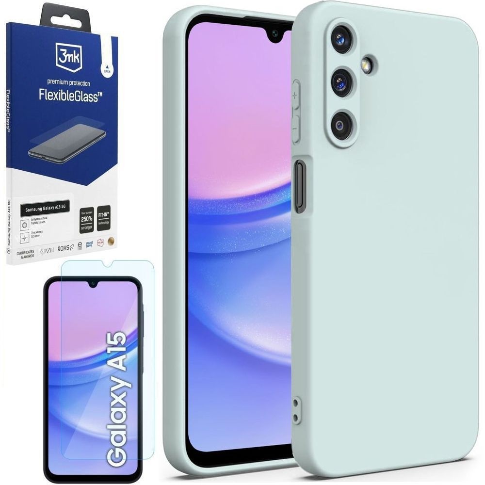 Cienkie Etui Matt Silicone Case | Szałwiowe + SZKŁO 3mk FG do Samsung Galaxy A15 / 5G