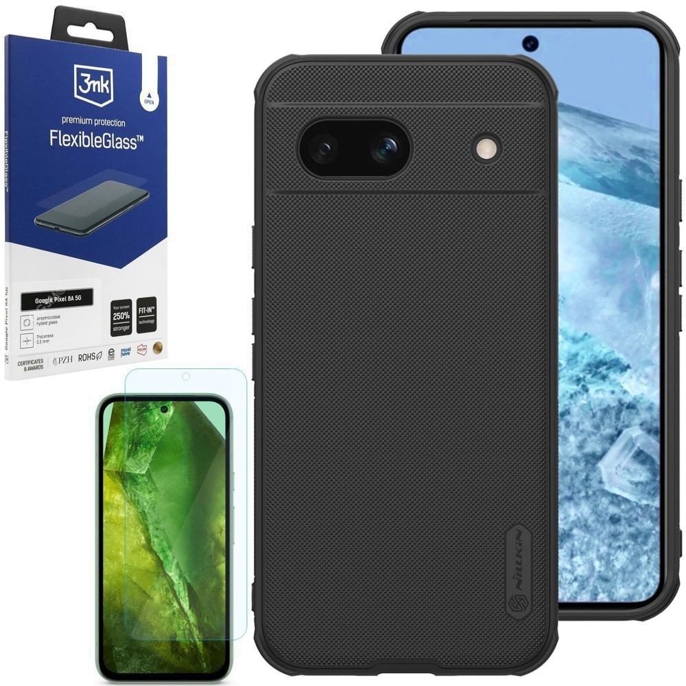 Etui NILLKIN Frosted Shield Magnetic | Czarne + SZKŁO 3mk FG do Google Pixel 8a