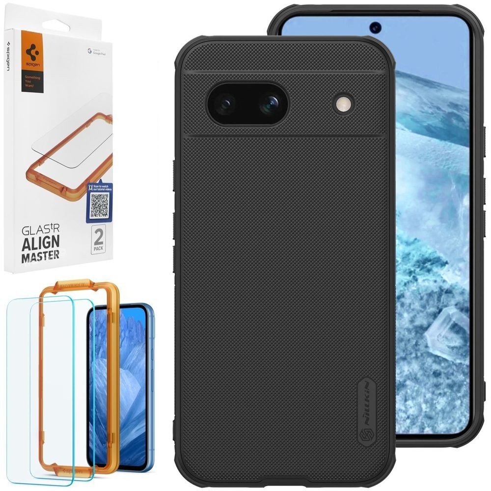 Etui NILLKIN Frosted Shield Magnetic | Czarne + 2x SZKŁO Spigen do Google Pixel 8a