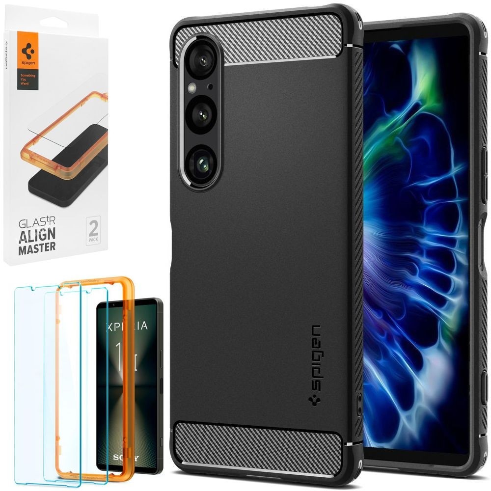 Etui SPIGEN Rugged Armor | Black + 2x SZKŁO Spigen do Sony Xperia 1 VI