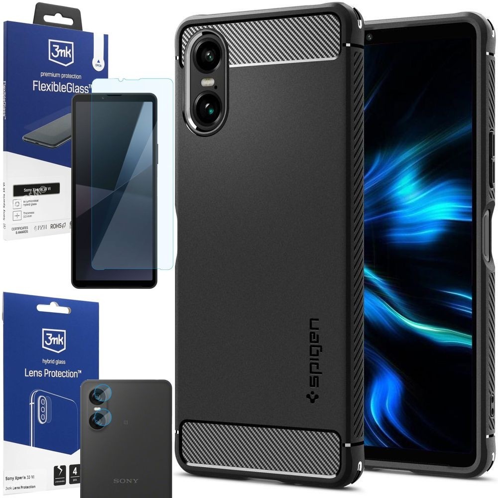 Etui SPIGEN Rugged Armor | Black + SZKŁO 3mk + 4x APARAT do Sony Xperia 10 VI