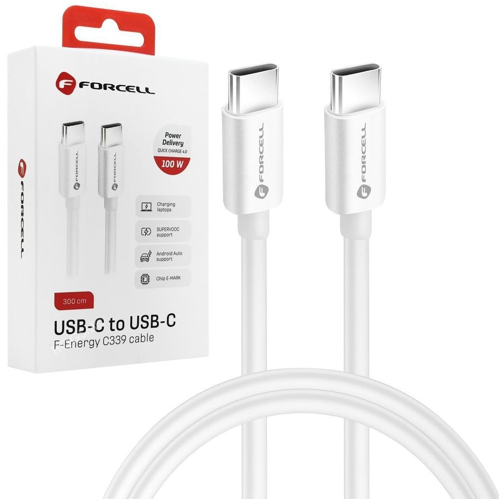 Forcell | Szybki Kabel USB-C PD QC 4.0 | 100W | Android Auto | Biały | 300cm