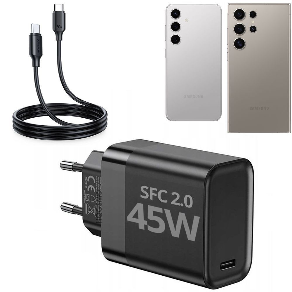 Szybka Ładowarka Sieciowa USB-C PD QC 4.0 SFC2.0 | 45W | Czarna + Kabel USB-C 100cm