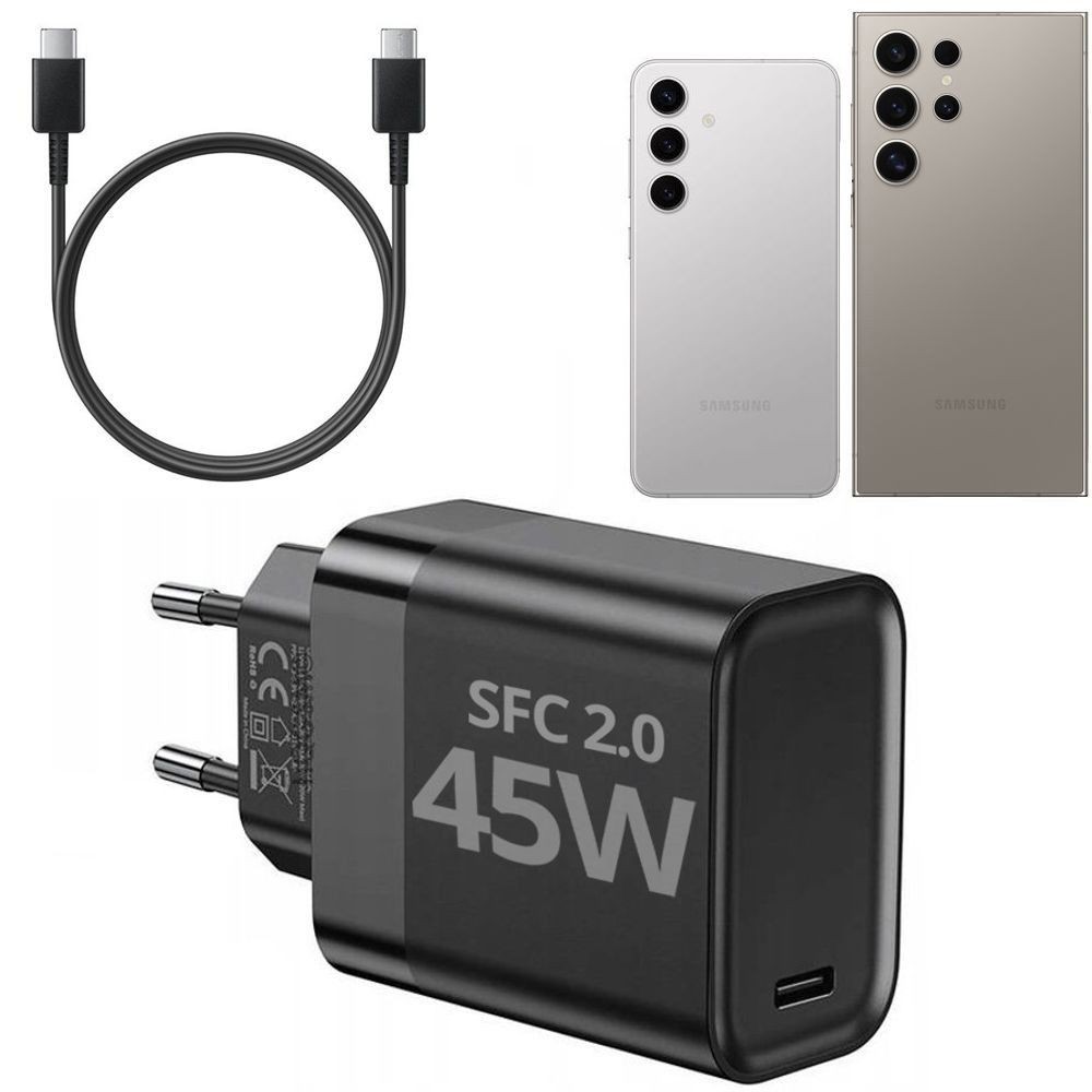 Szybka Ładowarka Sieciowa USB-C PD QC 4.0 SFC2.0 | 45W | Czarna + Kabel USB-C 100cm