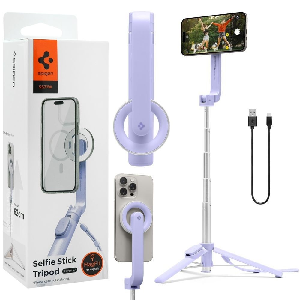 Spigen S571W | Aluminiowy Selfie Stick Bluetooth z MagSafe | Tripod + Pilot | Lavender