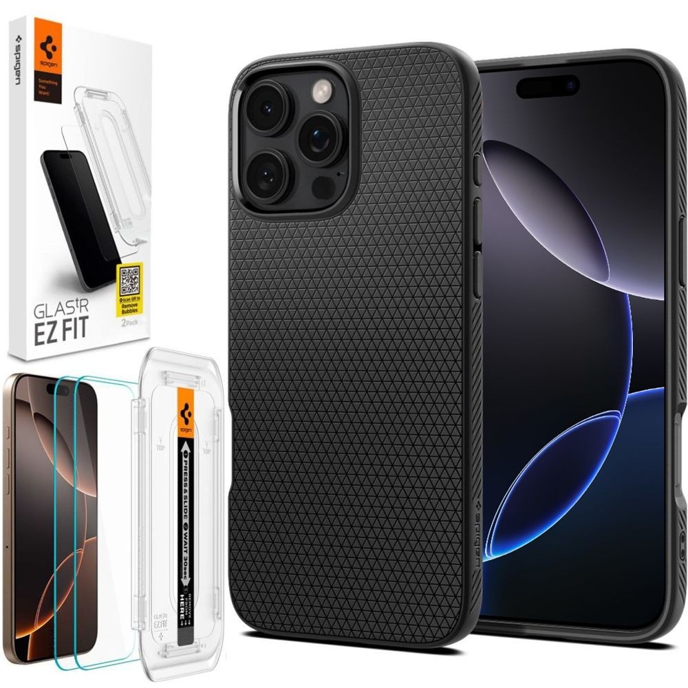 Etui SPIGEN Liquid Air | Black + 2x SZKŁO Spigen do Apple iPhone 16 Pro Max