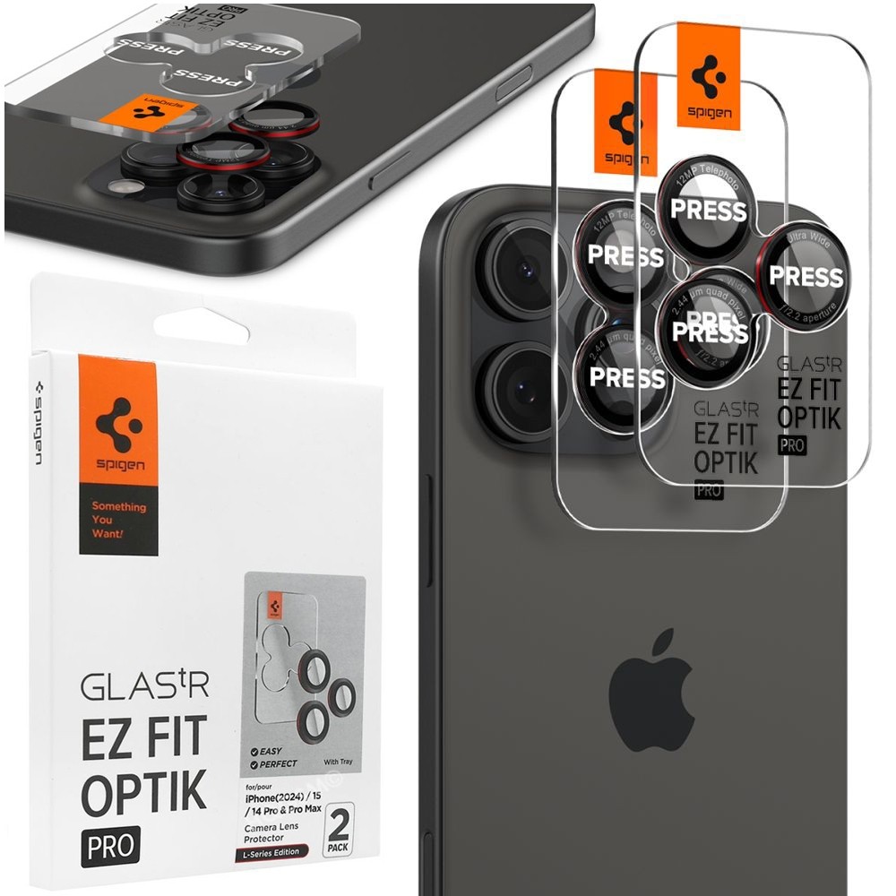 2x SPIGEN EZ Fit OPTIK Pro | Osobne Szkła Hartowane na Aparat | Black&Red do Apple iPhone 16 Pro / Pro Max