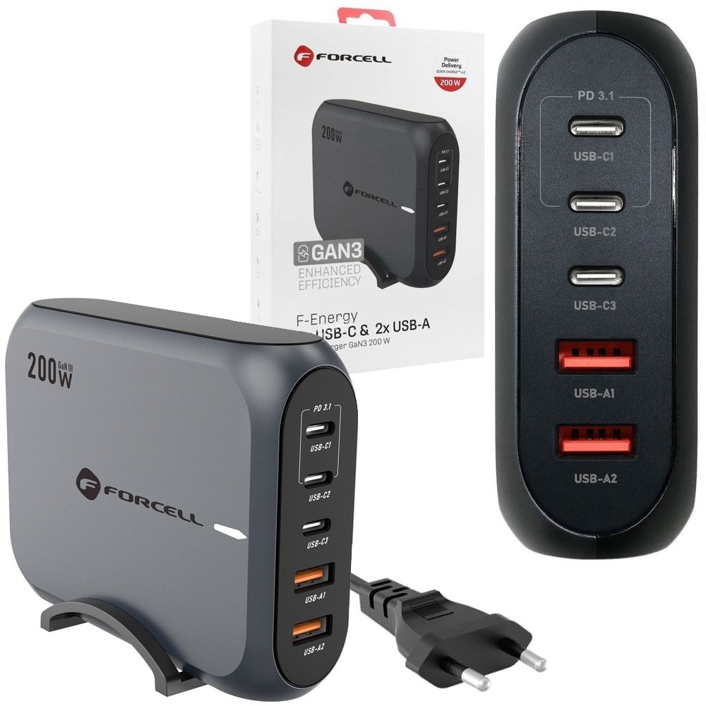 Forcell | Zasilacz Biurkowy Ładowarka Sieciowa 3x USB-C 2x USB-A | PD3.1 GaN3 | 28V 200W