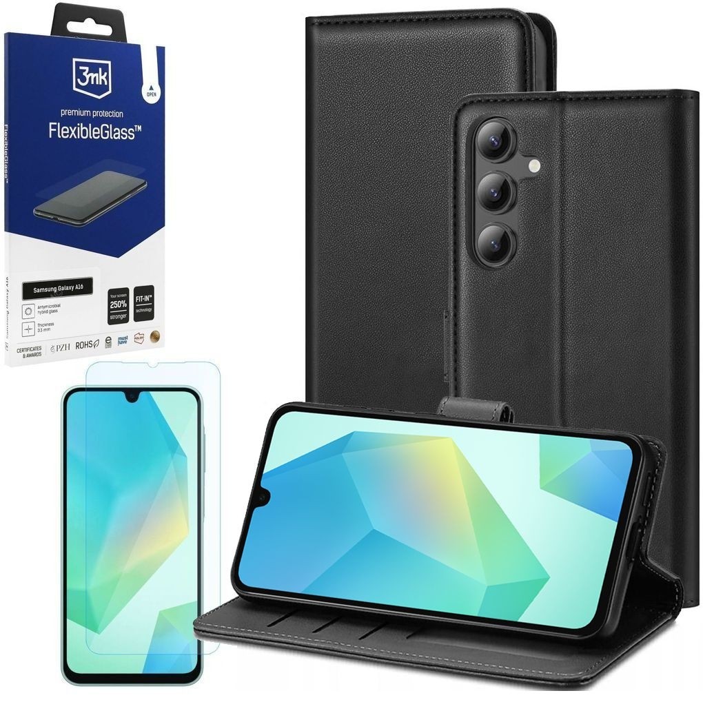 Etui z Klapką Wallet Case | Czarne + SZKŁO 3mk FG do Samsung Galaxy A16 / 5G