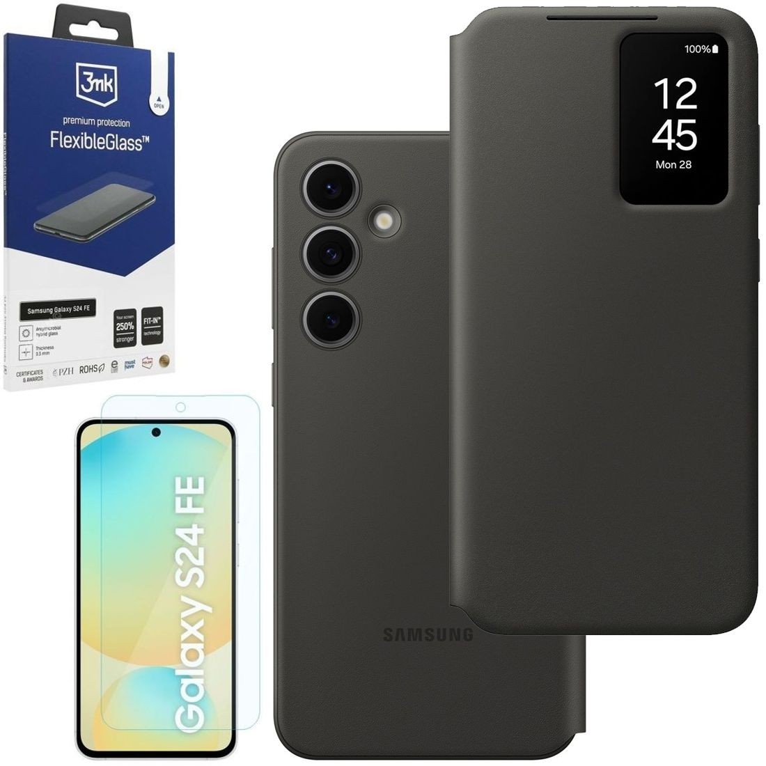 Oryginalne Etui Smart View Wallet Case | Czarne + SZKŁO 3mk FG do Samsung Galaxy S24 FE