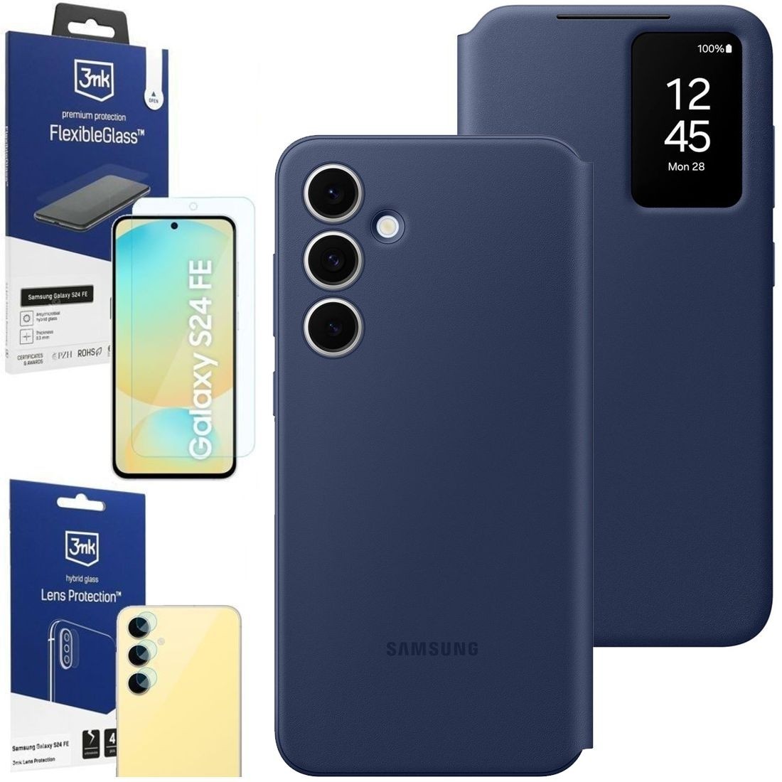 Oryginalne Etui Smart View Wallet Case | Niebieskie + SZKŁO 3mk FG + 4x APARAT do Samsung Galaxy S24 FE