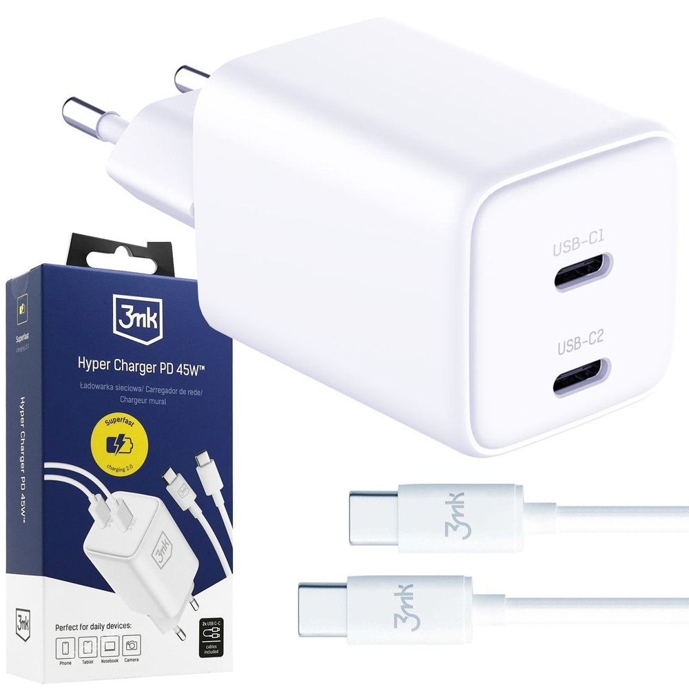 3mk Hyper Charger | Ładowarka Sieciowa 2x USB-C PD 45W + Kabel USB-C | Biała