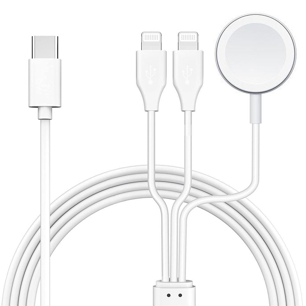 Kabel 3w1 USB-C 2x Lightning + Złącze Magnetyczne Apple Watch | 120cm