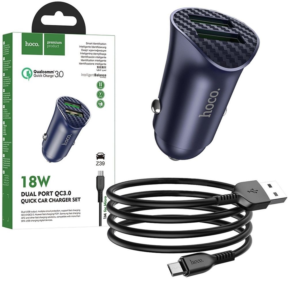 Hoco | Ładowarka Samochodowa USB 18W QC 3.0 | Blue + Kabel microUSB