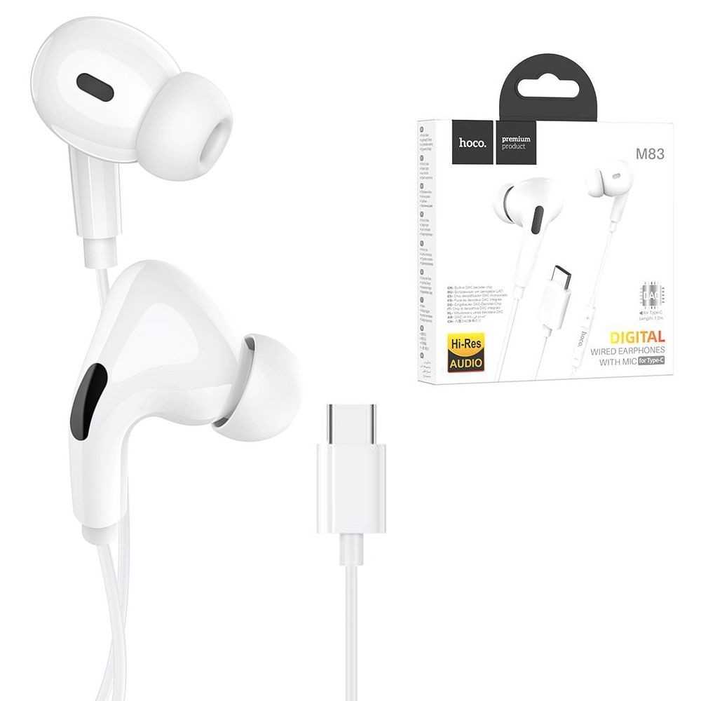 Hoco M83 | Dokanałowe Słuchawki Przewodowe z Pilotem i Mikrofonem | DAC USB-C | Białe