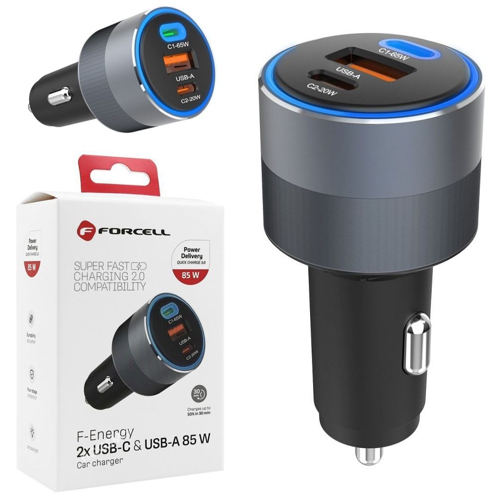 Forcell | Ładowarka Samochodowa 2x USB-C USB z Podświetleniem LED | QC 3.0 PD | 85W