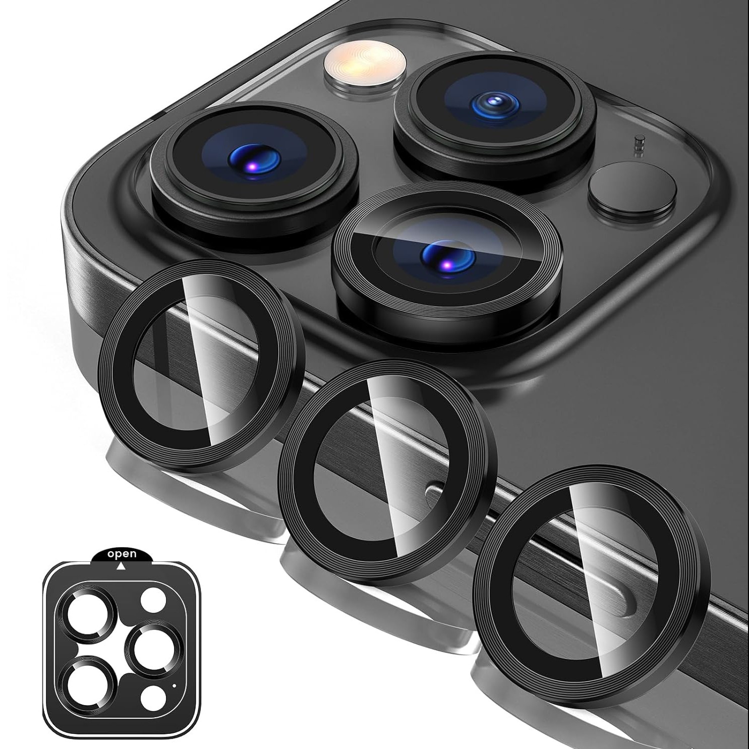 CamRing | Szkło na Aparat + Ramka Montażowa | Black do Apple iPhone 15 Pro / Pro Max