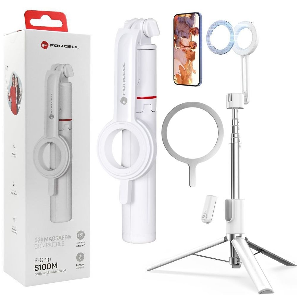 Forcell | Nowoczesny Selfie Stick Bluetooth z MagSafe 2w1 | Tripod + Pilot | Biały