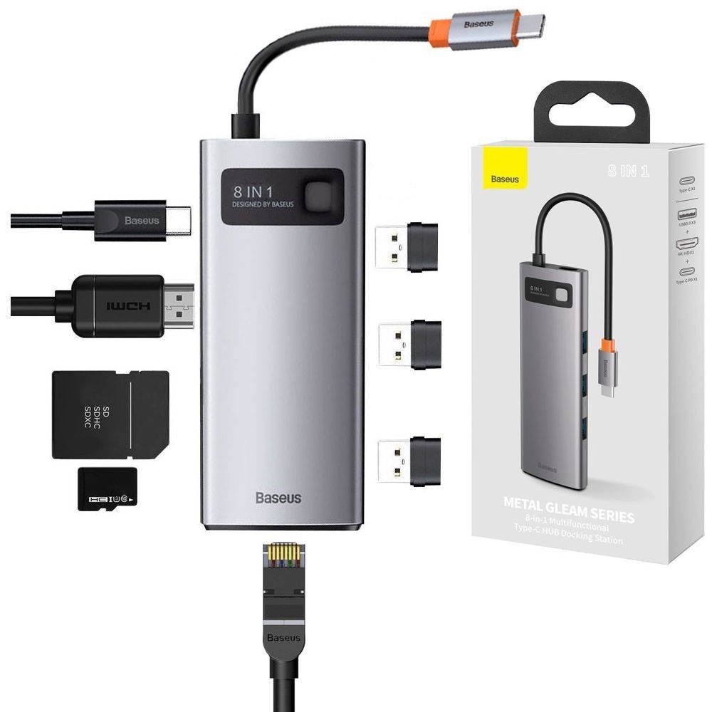 Baseus Metal 8w1 | USB-C HUB | USB-C PD 2x USB 3.0 HDMI 4K Czytnik Kart SD TF Ethernet RJ45